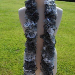 Crochet Black, White, and Gray Sparkle Ruffle Scarf/New